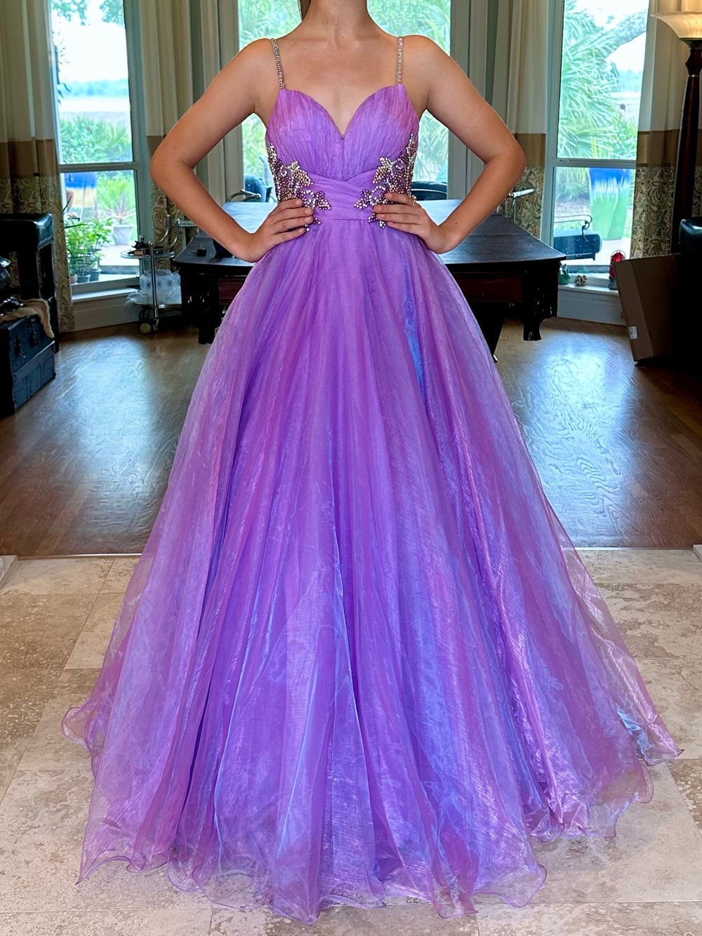 Rachel Allan Iridescent Lavender Ball Gown with Beaded Accents